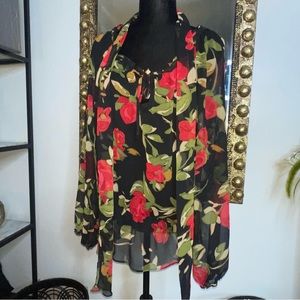 NY&CO Sheer Rose Floral Print Peplum Cinch Waist Keyhole Blouse Top Size Large